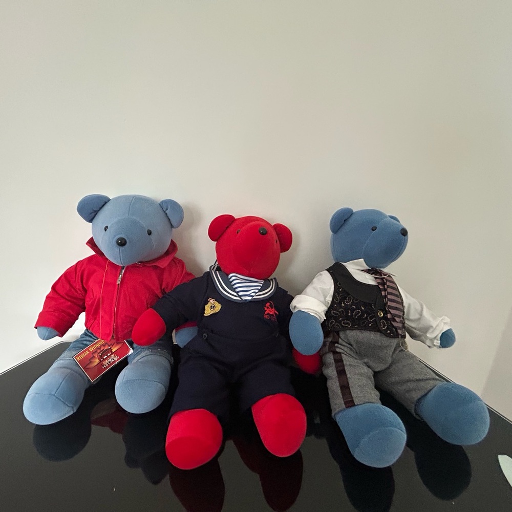 Vintage Plush Teddy Bear Trio - Blue and Red Cuddly Stuffed Animals